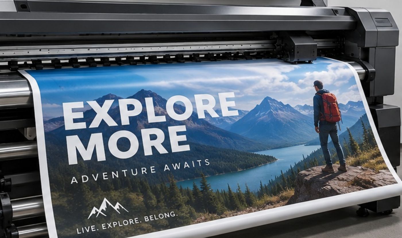 Large PVC banner coming off a wide-format printer