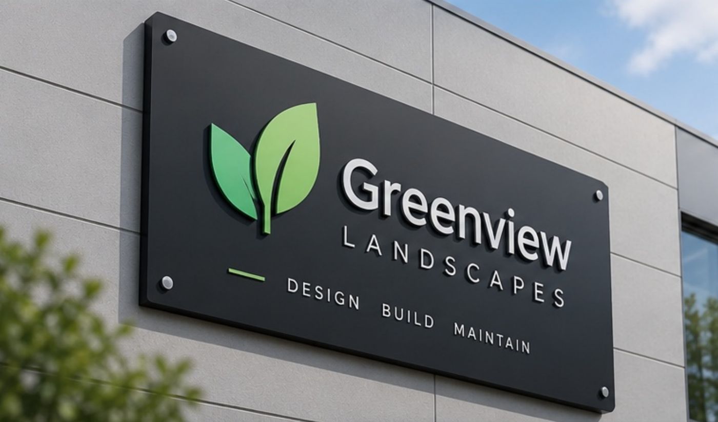 Aluminium composite sign mounted on a building with stand-off fixings