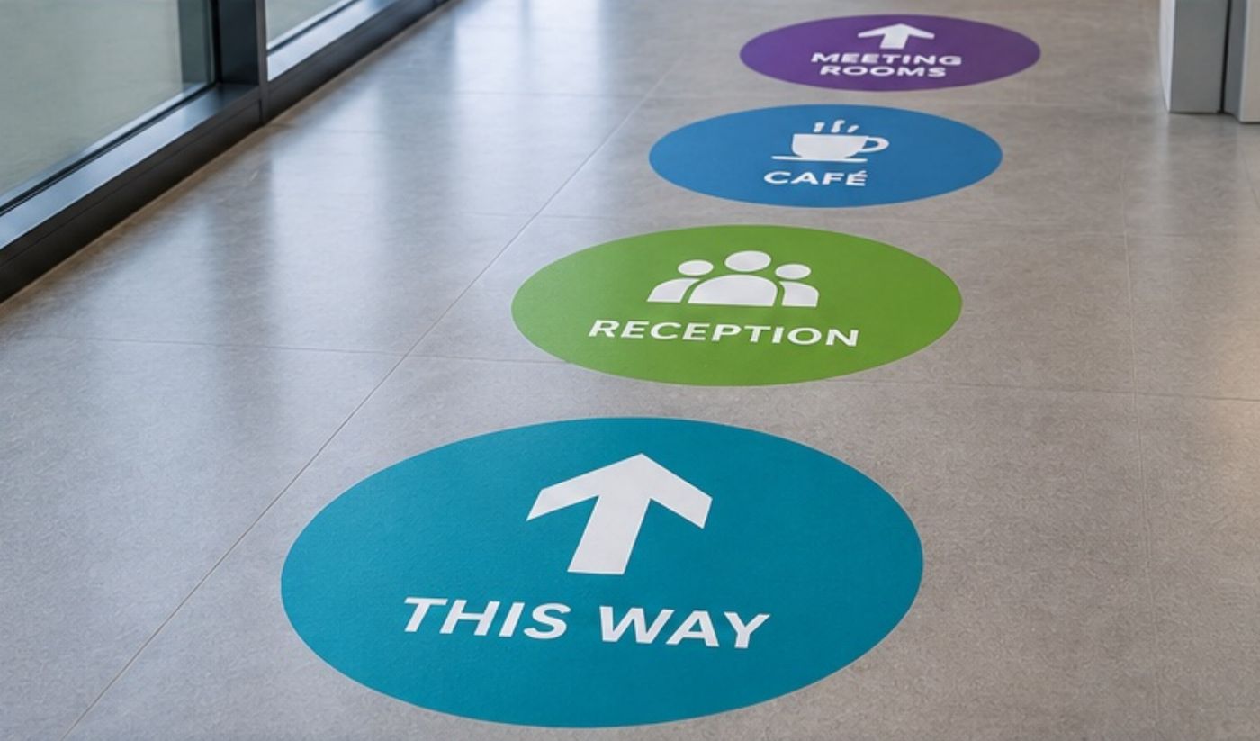 Circular floor stickers pointing the way to reception, café and meeting rooms