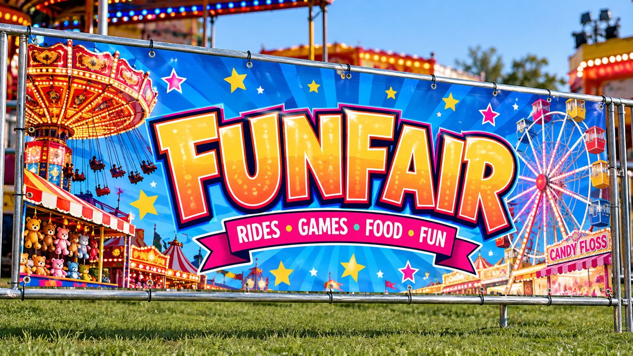 Full-colour funfair PVC banner fixed to event fencing