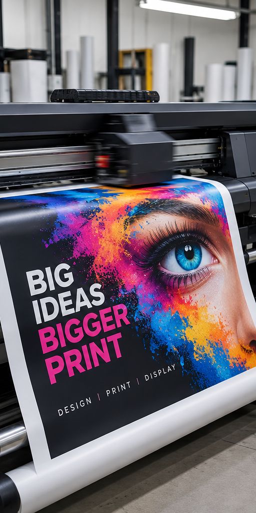 A wide-format printer producing a vivid full-colour poster