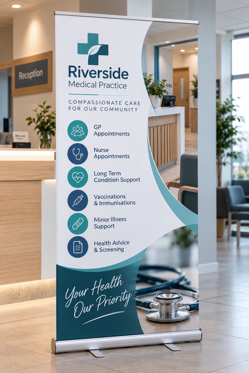 Pull-up roller banner for a medical practice reception
