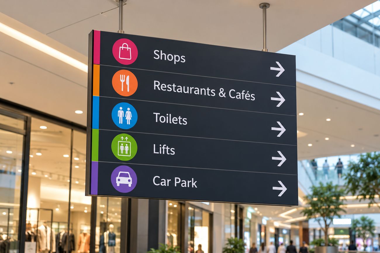 Suspended wayfinding sign in a shopping centre
